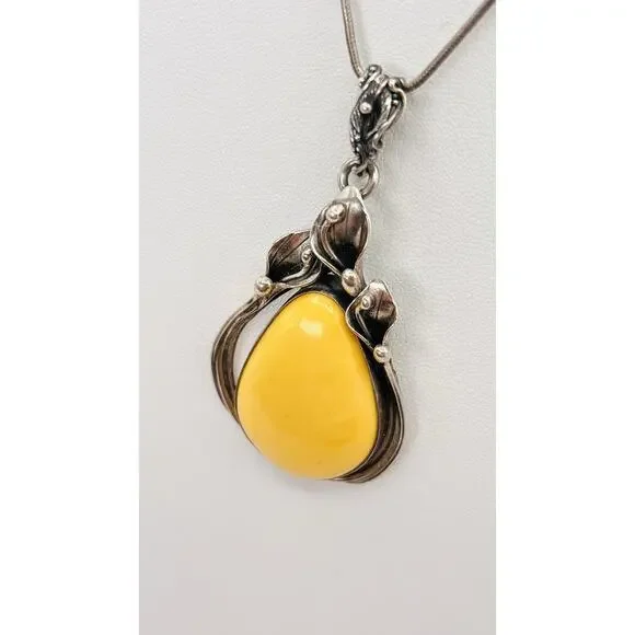 SZ Vintage Teardrop Baltic Yellow Yoke Amber Lily Frame Pendant Only Silver 925